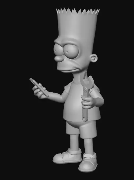 3D model for Мультяшный Барт Симпсон в стиле Симпсонов, стоит ссутулившись у уличного и комнатного блоков кондиционера на земле. Левая нога на горизонтальном уличном блоке, правая на земле, смотрит в смартфон в левой руке, правая рука с рожковым гаечным ключом опирается на вертикальный комнатный блок. Яркие цвета, толстые контуры, cartoon style, high resolution 8K, detailed textures, full body, dynamic pose.
