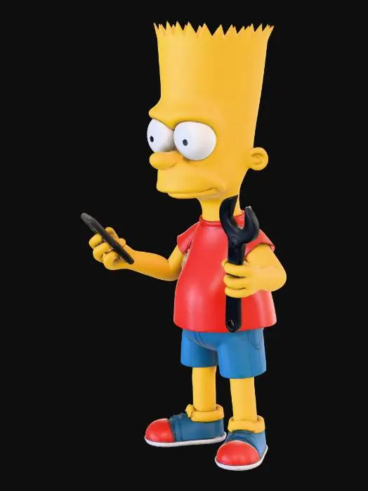 3D model for Мультяшный Барт Симпсон в стиле Симпсонов, стоит ссутулившись у уличного и комнатного блоков кондиционера на земле. Левая нога на горизонтальном уличном блоке, правая на земле, смотрит в смартфон в левой руке, правая рука с рожковым гаечным ключом опирается на вертикальный комнатный блок. Яркие цвета, толстые контуры, cartoon style, high resolution 8K, detailed textures, full body, dynamic pose.