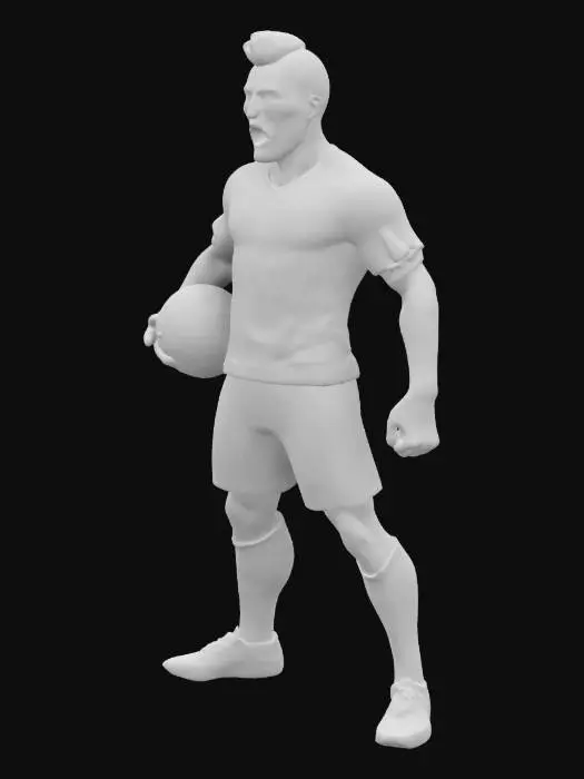 3D model for Cristiano Ronaldo, Portekiz milli takım formasıyla, elinde bir futbol topu tutuyor. Fortnite tarzında tasarlanmış bir karakter olarak görünüyor. Yüzü son derece öfkeli, ağzı tamamen açık ve dişleri belirgin bir şekilde görünüyor. Gergin yüz kasları ve agresif bir duruşu var.
