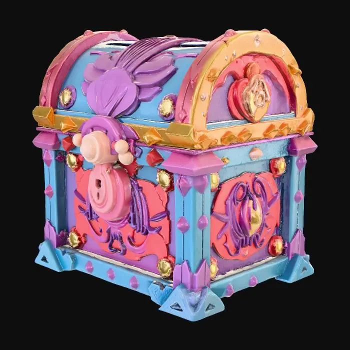 3D model for create me a beautiful, detailed, low poly, colorful, and rigged chest with armature where the opening of the chest should be, for a mythical pets game for a roblox, make it look unique and symbolize that you can get unique mythical swords from it