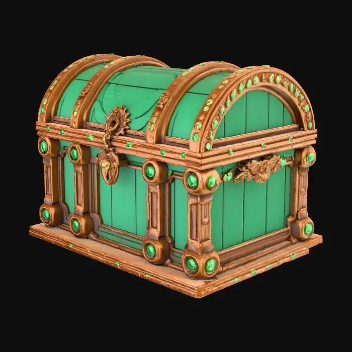 3D model for few green emerald decorations, green colored video game chest for swords in a roblox game to represent medium level chest