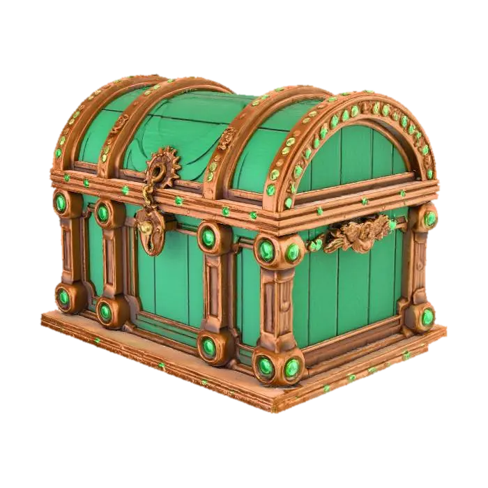 Modello 3D few green emerald decorations, green colored video game chest for swords in a roblox…, generato dall’IA