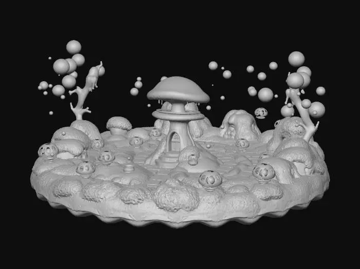 3D model for Epic fantasy Idea Garden, Circular mossy stone garden filled with glowing translucent spore pods shaped like crystal eggs. Every imagined object is fully enclosed inside a spore pod: castle, sword, treasure chest, potion bottle, magic book, lantern, cozy house, robot, rocket ship, crystal tree. Large central mushroom structure with glowing portal doorway, surrounded by smaller mushrooms and lush moss. Floating luminous spores in the air. Warm magical lighting, vibrant colors, cinematic composition, whimsical fantasy atmosphere, polished textures, collectible game asset style, ultra detailed, depth, wonder, imagination growing from spores.