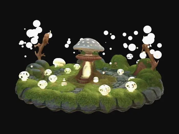 3D model for Epic fantasy Idea Garden, Circular mossy stone garden filled with glowing translucent spore pods shaped like crystal eggs. Every imagined object is fully enclosed inside a spore pod: castle, sword, treasure chest, potion bottle, magic book, lantern, cozy house, robot, rocket ship, crystal tree. Large central mushroom structure with glowing portal doorway, surrounded by smaller mushrooms and lush moss. Floating luminous spores in the air. Warm magical lighting, vibrant colors, cinematic composition, whimsical fantasy atmosphere, polished textures, collectible game asset style, ultra detailed, depth, wonder, imagination growing from spores.
