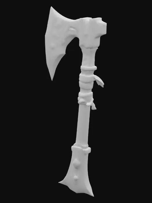 3D model for #PBR#, A formidable, oversized Orcish war axe, crafted from dark, heavily forged steel, embodying a distinct World of Warcraft art style. Its massive, curved blade features a jagged, unpolished edge, suggesting raw, brutal power. The steel surface exhibits a textured, hammered finish with visible nicks and scratches, indicative of countless battles. A thick, worn leather wrap covers the stout haft, secured by crude iron studs, providing a rough, firm grip. The axe's overall silhouette is aggressive and exaggerated, with bulky proportions.