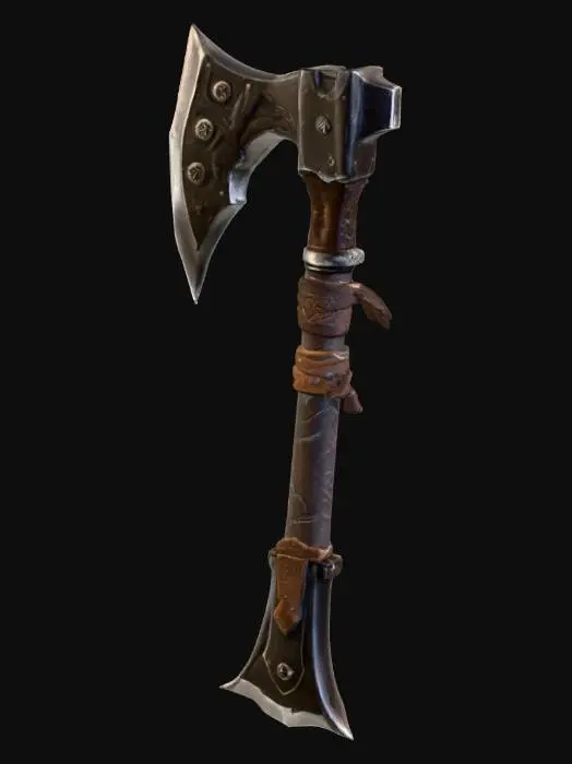 3D model for #PBR#, A formidable, oversized Orcish war axe, crafted from dark, heavily forged steel, embodying a distinct World of Warcraft art style. Its massive, curved blade features a jagged, unpolished edge, suggesting raw, brutal power. The steel surface exhibits a textured, hammered finish with visible nicks and scratches, indicative of countless battles. A thick, worn leather wrap covers the stout haft, secured by crude iron studs, providing a rough, firm grip. The axe's overall silhouette is aggressive and exaggerated, with bulky proportions.