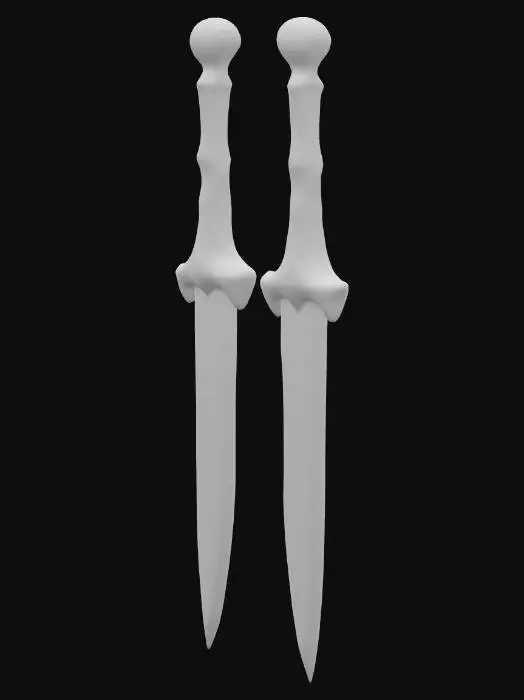 3D model for #PBR#, A pair of menacing bone daggers, styled with the exaggerated aesthetic of World of Warcraft. Each hilt is fashioned from a bleached, rough-hewn bone, displaying a porous, organic texture with visible striations. The blades are meticulously crafted from razor-sharp obsidian, polished to a deep, reflective blackness that absorbs light. Across the glassy surface of each obsidian blade, a vibrant crimson pattern flows like etched blood or tribal markings, contrasting sharply with the dark material. The daggers possess a lightweight yet deadly feel, with a cold, unforgiving edge.
