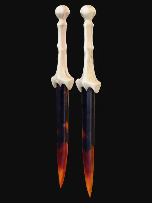 3D model for #PBR#, A pair of menacing bone daggers, styled with the exaggerated aesthetic of World of Warcraft. Each hilt is fashioned from a bleached, rough-hewn bone, displaying a porous, organic texture with visible striations. The blades are meticulously crafted from razor-sharp obsidian, polished to a deep, reflective blackness that absorbs light. Across the glassy surface of each obsidian blade, a vibrant crimson pattern flows like etched blood or tribal markings, contrasting sharply with the dark material. The daggers possess a lightweight yet deadly feel, with a cold, unforgiving edge.