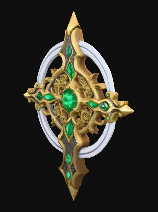 3D model for #PBR#, An elegant Elvish queen's chakram, meticulously crafted in the distinct World of Warcraft art style, features a perfectly balanced, razor-sharp disc forged from gleaming moonforged silver and polished gold. Its circular form is adorned with intricate, flowing elven script that appears etched into the metal, alongside shimmering emerald gems strategically embedded around its surface, catching and refracting light. The edges are honed to an exquisite sharpness, yet the overall design conveys refined power. The metallic surface is smooth and cool to the touch, radiating an aura of arcane grace.