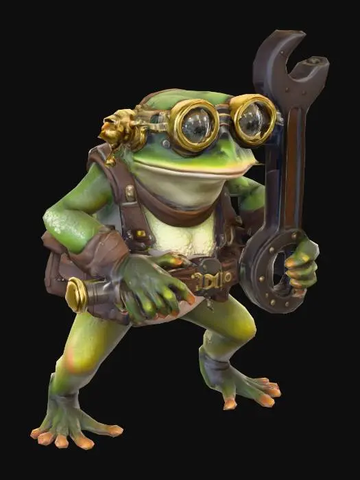 3D model for #PBR#, A bipedal frog engineer, sculpted in the World of Warcraft art style, adopting the stout, stocky build of a gnome. Its mottled green and brown skin possesses a slightly textured, moist appearance. Large, round steampunk goggles, fashioned from polished brass with thick, smoky lenses, cover its eyes. The frog firmly clutches a comically oversized wrench, forged from dark, heavy steel with a well-worn, wooden handle. Its alert, industrious posture and thoughtful expression complete the gnomish inventor vibe.