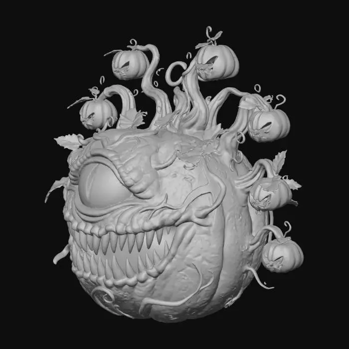 3D model for #Halloween2025#, Pumpkin Beholder with one eye and a big mouth with sharp teeth from dungeons and dragons with pumpkin eyes on vine eye stalks coming from the top and sides of it