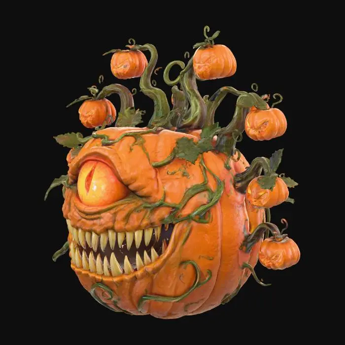 3D model for #Halloween2025#, Pumpkin Beholder with one eye and a big mouth with sharp teeth from dungeons and dragons with pumpkin eyes on vine eye stalks coming from the top and sides of it