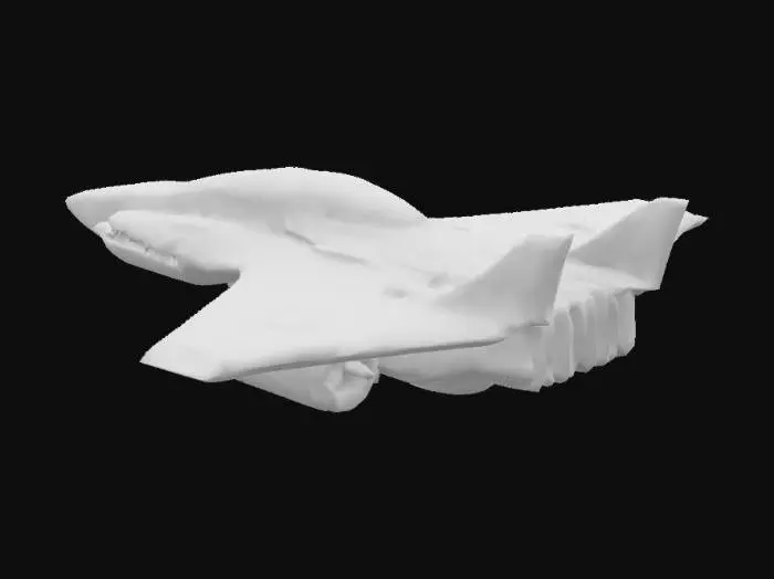 3D model for A sleek, futuristic small fighter jet with a streamlined, angular design. The body features dark metallic tones with glowing accents in neon blue or green. The plane has retractable delta wings for enhanced maneuverability, integrated plasma engines with glowing exhausts, and energy-based weapons like plasma cannons and missile pods. The cockpit has a bubble canopy with a holographic interface. Dynamic features include hovering capability with glowing thrusters and deployable energy shields. The plane’s surface is detailed with subtle etched patterns and glowing energy conduits.
