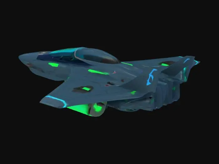 3D model for A sleek, futuristic small fighter jet with a streamlined, angular design. The body features dark metallic tones with glowing accents in neon blue or green. The plane has retractable delta wings for enhanced maneuverability, integrated plasma engines with glowing exhausts, and energy-based weapons like plasma cannons and missile pods. The cockpit has a bubble canopy with a holographic interface. Dynamic features include hovering capability with glowing thrusters and deployable energy shields. The plane’s surface is detailed with subtle etched patterns and glowing energy conduits.
