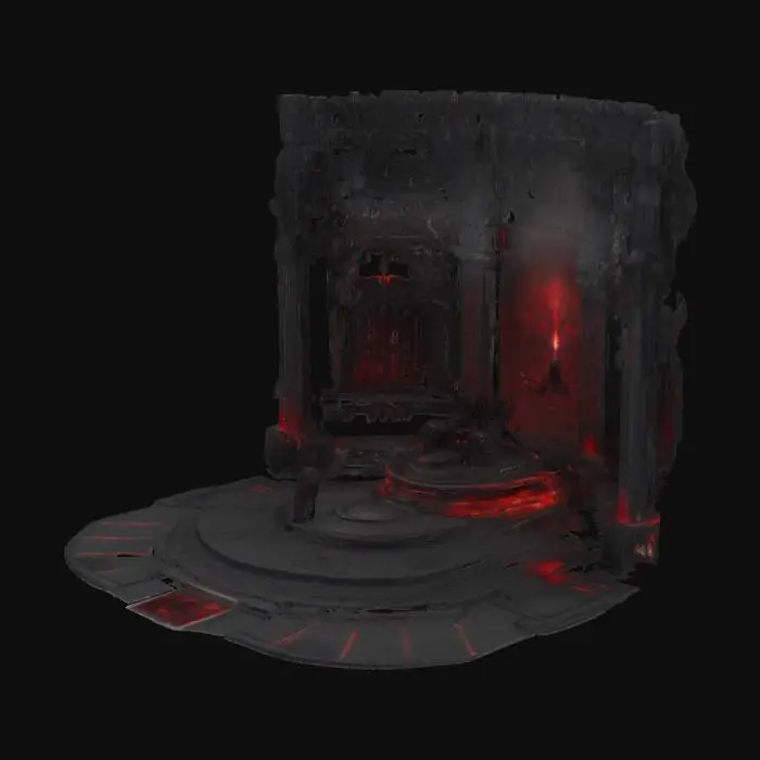 3D model for A great lair of a powerful ancient dark force. One that was defeated but has returned. All will die in his presence. Glowing with red and black energy. Very large and grand.