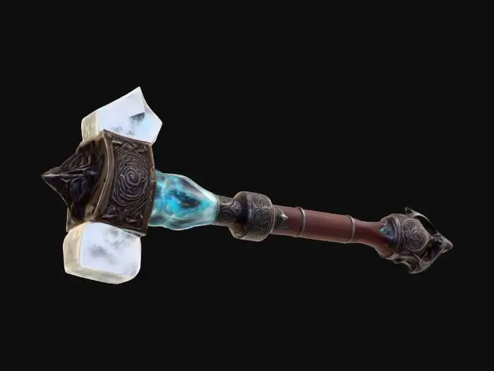 3D model for A highly detailed fantasy style crystal hammer, designed as a powerful magical weapon. The hammerhead is made of glowing, translucent crystal shards with sharp edges, refracting light and emitting a mystical aura. The handle is crafted from ancient, weathered metal with intricate runes and ornate engravings, wrapped in worn leather for grip. The design should emphasize epic proportions, magical elegance, and a sense of power. Stylized but realistic materials with #PBR# textures: realistic crystal refraction, polished yet slightly worn metal, aged leather.