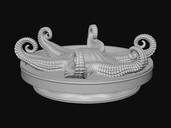 3D model for A cute and functional 3D printable desk tray combined with a fidget object.
A shallow circular organizer dish with a smooth flat base, a clean raised rim, and 6 evenly spaced curled tentacles around the outside edge.
The tentacles should be thick, simple, symmetrical, and easy to print, with rounded tips and no fragile thin sections.
The overall shape should feel like a stylized sea creature, elegant and playful, but clearly usable as a small tray for paper clips, coins, or screws.
One single solid watertight mesh, no separate parts, no hollow cavities, no sharp undercuts, no tiny decorative grooves.
Designed for FDM 3D printing with strong walls, smooth surfaces, and a stable flat bottom.
Center composition, front 3/4 view, plain background.