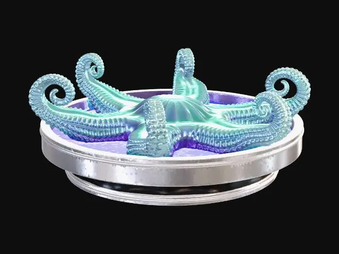 3D model for A cute and functional 3D printable desk tray combined with a fidget object.
A shallow circular organizer dish with a smooth flat base, a clean raised rim, and 6 evenly spaced curled tentacles around the outside edge.
The tentacles should be thick, simple, symmetrical, and easy to print, with rounded tips and no fragile thin sections.
The overall shape should feel like a stylized sea creature, elegant and playful, but clearly usable as a small tray for paper clips, coins, or screws.
One single solid watertight mesh, no separate parts, no hollow cavities, no sharp undercuts, no tiny decorative grooves.
Designed for FDM 3D printing with strong walls, smooth surfaces, and a stable flat bottom.
Center composition, front 3/4 view, plain background.