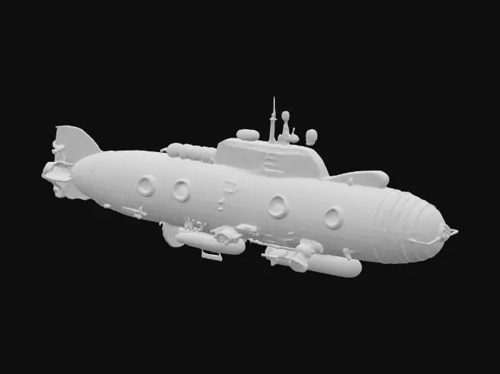 3D model for Rustic underwater submarine overgrown with coral and sea creatures, realistic, #ocean#