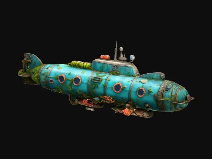 3D model for Rustic underwater submarine overgrown with coral and sea creatures, realistic, #ocean#