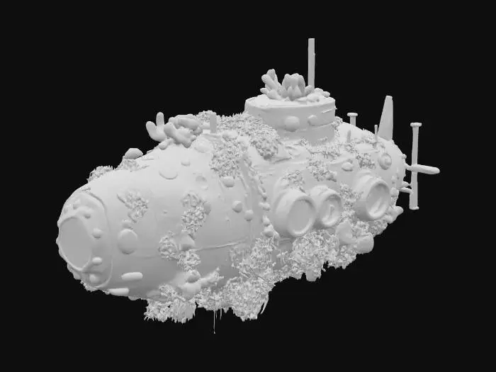 3D model for Rustic underwater submarine overgrown with coral and sea creatures, realistic, #ocean#
