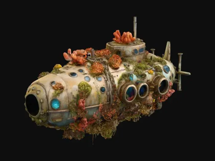 3D model for Rustic underwater submarine overgrown with coral and sea creatures, realistic, #ocean#