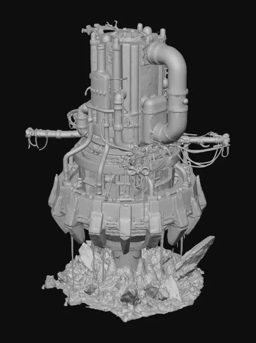 3D model for 3D PBR game boss, colossal fracking drill bit, rusted grinding drill bit, hydraulic fluid leaking from cracked pipes, corrupted glowing residues, industrial destruction, half-submerged in rock and toxic runoff, quarry lighting, Unreal Engine 5 aesthetic, concept art, #villain#