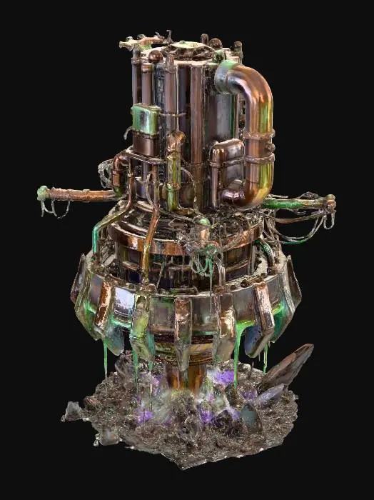 3D model for 3D PBR game boss, colossal fracking drill bit, rusted grinding drill bit, hydraulic fluid leaking from cracked pipes, corrupted glowing residues, industrial destruction, half-submerged in rock and toxic runoff, quarry lighting, Unreal Engine 5 aesthetic, concept art, #villain#