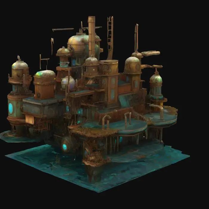 3D model for A rustic and iridescent steampunk Atlantean underwater city #ocean#