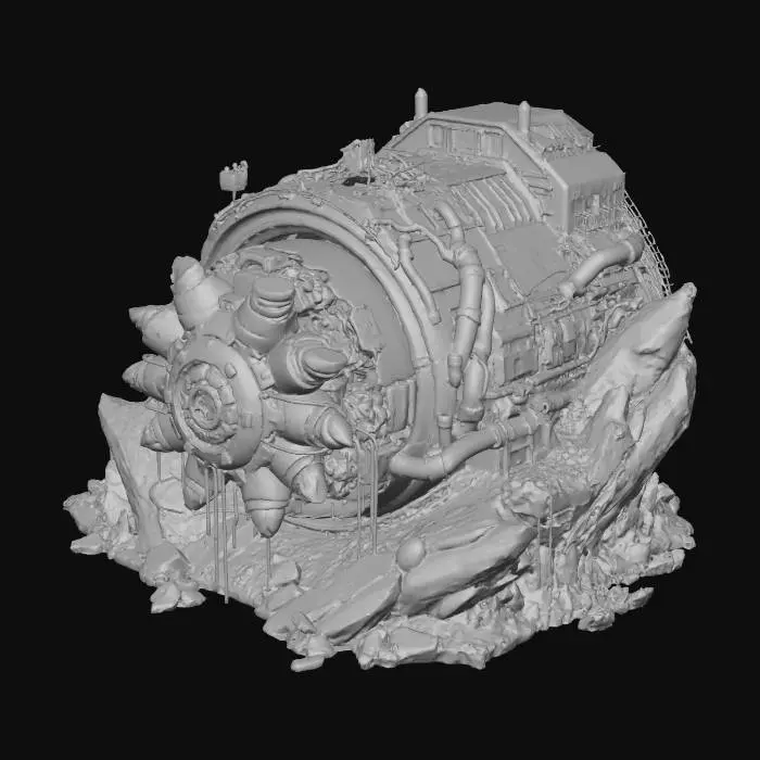 3D model for 3D PBR game boss, colossal tunnel boring machine, rusted grinding drill bit, hydraulic fluid leaking from cracked pipes, corrupted red glowing surveillance lights, industrial destruction, half-submerged in rock and toxic runoff, quarry lighting, Unreal Engine 5 aesthetic, concept art, #villain#