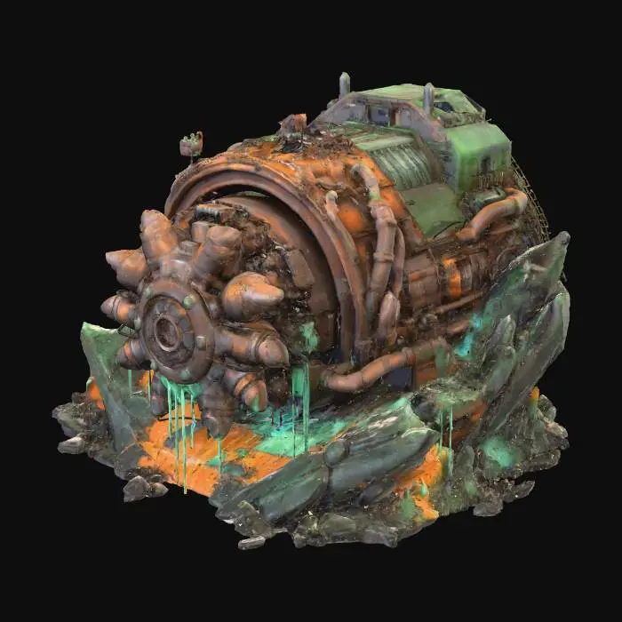 3D model for 3D PBR game boss, colossal tunnel boring machine, rusted grinding drill bit, hydraulic fluid leaking from cracked pipes, corrupted red glowing surveillance lights, industrial destruction, half-submerged in rock and toxic runoff, quarry lighting, Unreal Engine 5 aesthetic, concept art, #villain#