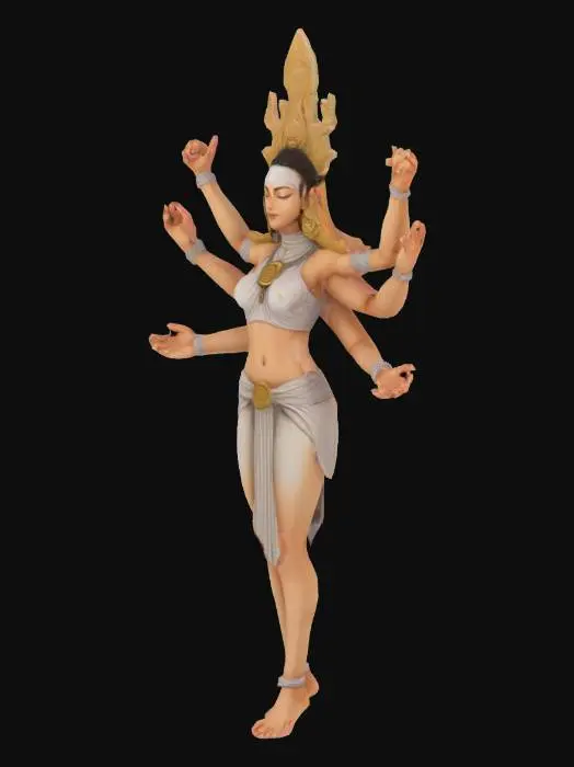 3D model for Create a 6 armed goddess, with her eyes closed, legs normal and pointing down, then the top left arm going up, top right going down, the middle 2 arms going towards and in front of her belly then the bottom going down and out. her hands should have the thumb and pointer finger going in a circle, then the rest of the fingers going up relative to the hand position.
