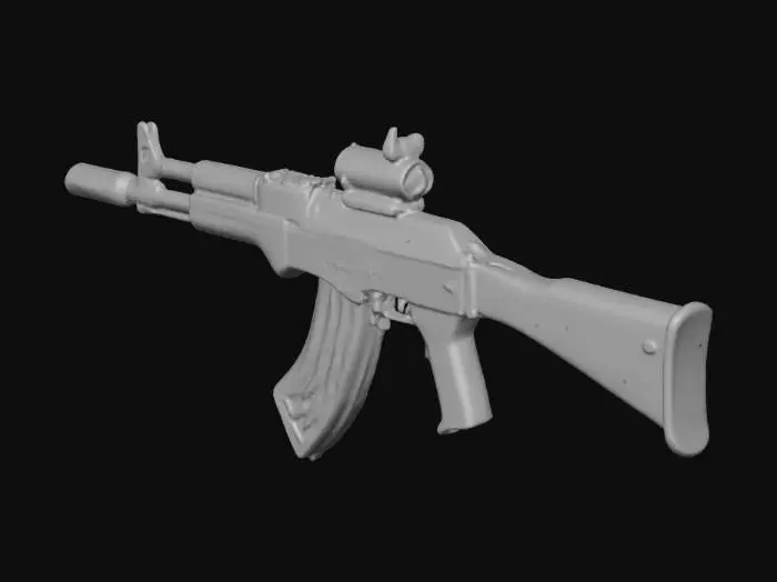 3D model for modern tactical AK-47 variant, black polymer stock, picatinny rails, tactical foregrip, red dot sight, suppressor, matte black finish, modern warfare, 3D model, highly detailed, professional photography
