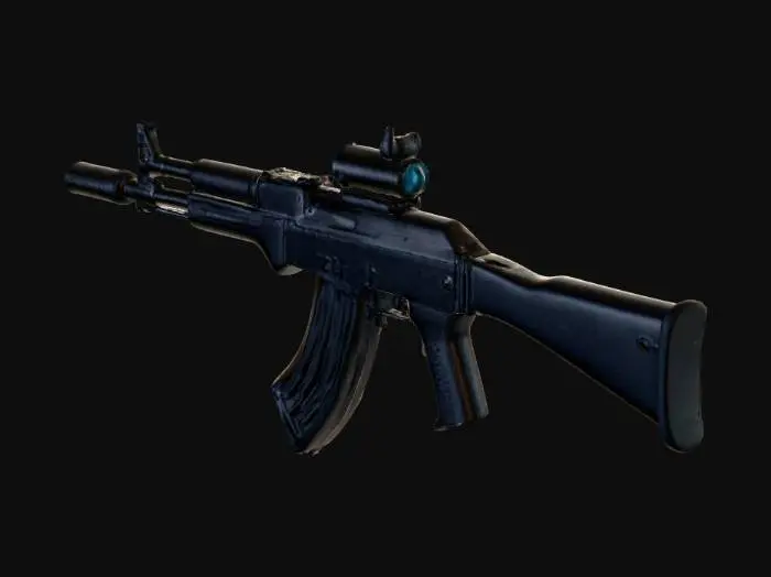 3D model for modern tactical AK-47 variant, black polymer stock, picatinny rails, tactical foregrip, red dot sight, suppressor, matte black finish, modern warfare, 3D model, highly detailed, professional photography