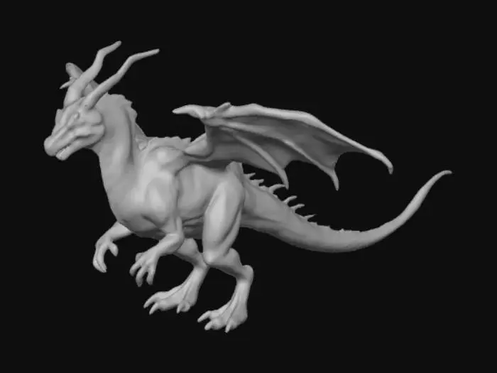 3D model for A two legged standing dragon with the body of a raptor. Its wings have feathers and are slightly open.