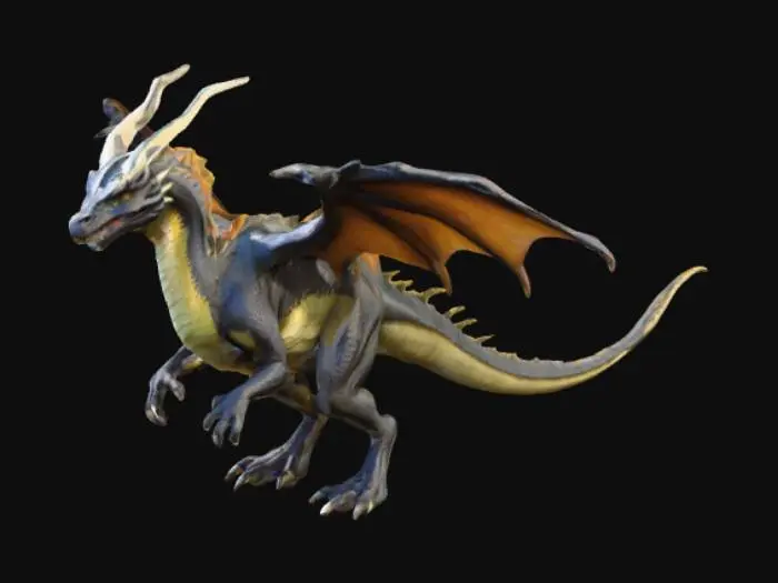3D model for A two legged standing dragon with the body of a raptor. Its wings have feathers and are slightly open.