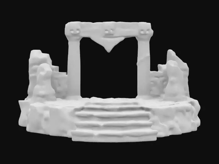 3D model for dark sci-fi overgrown stone ruins raised altar platform with carved eyes, with monumental spiky pillars in spiral shape