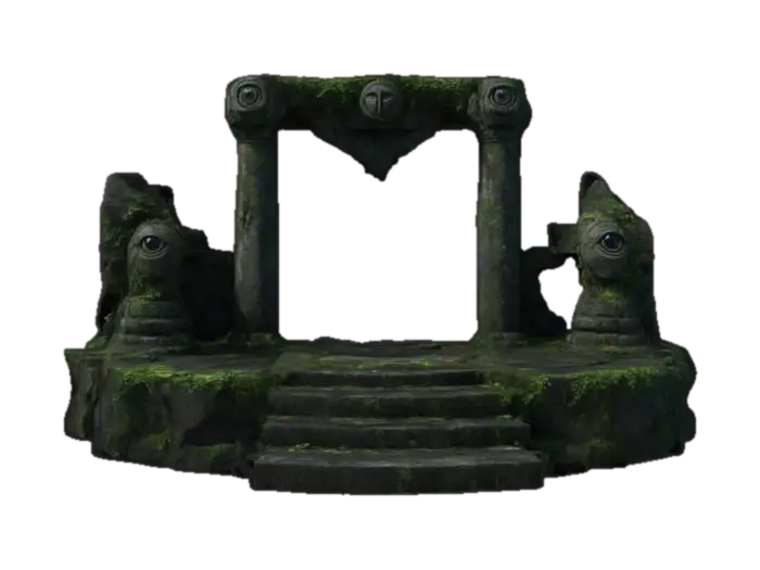 dark sci-fi overgrown stone ruins raised altar platform with carved eyes, with… - Pillars 3D model, vytvořený pomocí AI