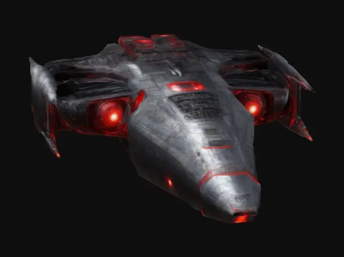 3D model for Spacecraft in style of brutalism, texture is in metal black, engine glowing with red plasma, extremely detailed 