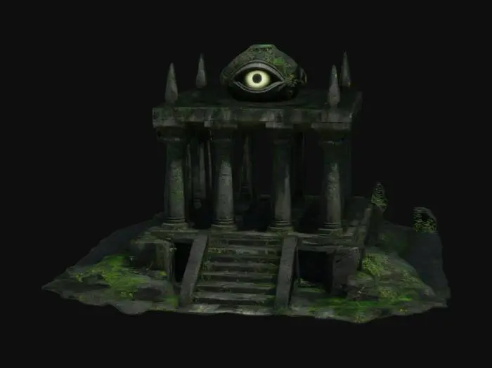 3D model for dark sci-fi overgrown stone ruins raised altar platform with carved eyes, with monumental spiky pillars in spiral shape