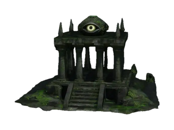 dark sci-fi overgrown stone ruins raised altar platform with carved eyes, with… - Pillars 3D model, vytvořený pomocí AI