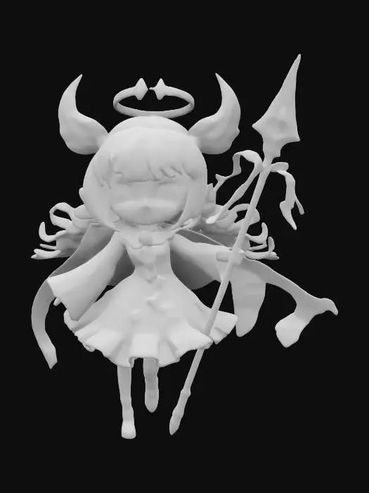 3D model for A celestial cute woman with very long flurtering white hair, braids in hair and long crimson red fluttering ribbon in hair, she has crimson red pupils in eyes, she’s wearing white habit with embroidered crimson red small stars at the bottom of habit, she wears crimson red half-cape, wearing crimson red jewelry on head, she’s holding a long spear with fluttering crimson red ribbon on it., Highly Detailed