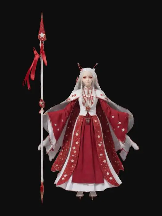 3D model for A celestial cute woman with very long flurtering white hair, braids in hair and long crimson red fluttering ribbon in hair, she has crimson red pupils in eyes, she’s wearing white habit with embroidered crimson red small stars at the bottom of habit, she wears crimson red half-cape, wearing crimson red jewelry on head, she’s holding a long spear with fluttering crimson red ribbon on it., Highly Detailed