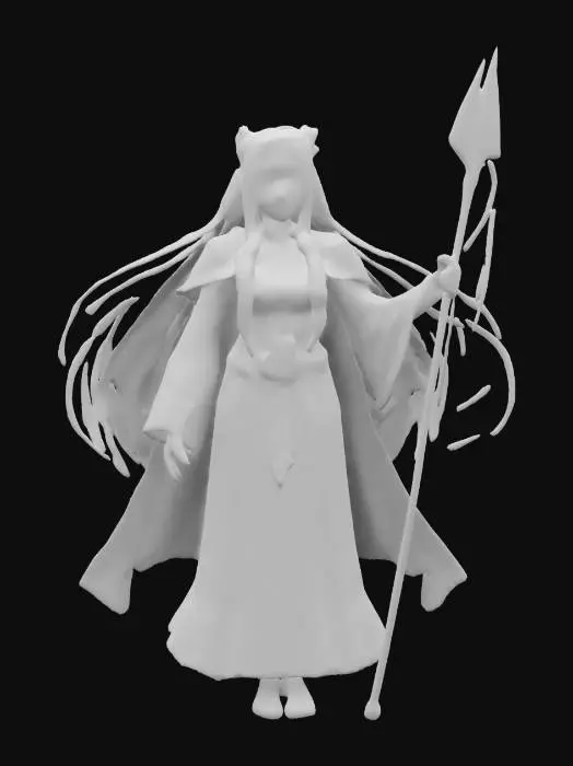 3D model for A celestial cute woman with very long flurtering white hair, braids in hair and long crimson red fluttering ribbon in hair, she has crimson red pupils in eyes, she’s wearing white habit with embroidered crimson red small stars at the bottom of habit, she wears crimson red half-cape, wearing crimson red jewelry on head, she’s holding a long spear with fluttering crimson red ribbon on it., Highly Detailed
