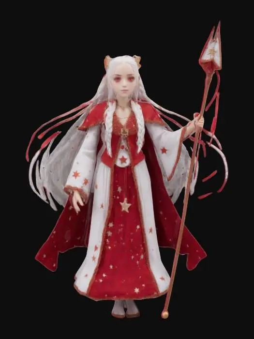 3D model for A celestial cute woman with very long flurtering white hair, braids in hair and long crimson red fluttering ribbon in hair, she has crimson red pupils in eyes, she’s wearing white habit with embroidered crimson red small stars at the bottom of habit, she wears crimson red half-cape, wearing crimson red jewelry on head, she’s holding a long spear with fluttering crimson red ribbon on it., Highly Detailed