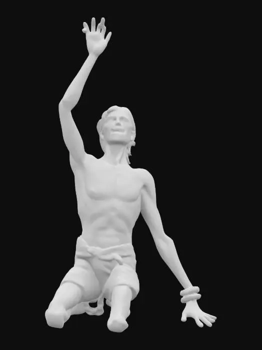 3D model for The object depicted has a grotesque, a crawling beaten up skinny human on his knees in dirty white ragged clothes, with blood stains, hes reaching with his hand up with sorrow and suffering. he has Ball and chain shackle on his one leg, rough surface implying aged flesh and malevolence.