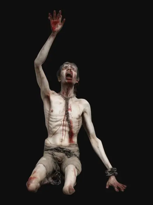 3D model for The object depicted has a grotesque, a crawling beaten up skinny human on his knees in dirty white ragged clothes, with blood stains, hes reaching with his hand up with sorrow and suffering. he has Ball and chain shackle on his one leg, rough surface implying aged flesh and malevolence.