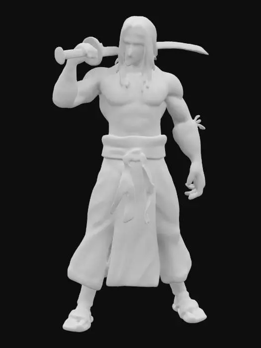3D model for The object is an character with long, flowing black hair, a slender, muscular upper body wrapped in bandages, wielding a this long katana shape like sword, hes wearing hakama with dark texture. with menacing look., Highly Detailed