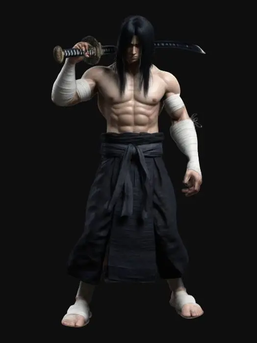 3D model for The object is an character with long, flowing black hair, a slender, muscular upper body wrapped in bandages, wielding a this long katana shape like sword, hes wearing hakama with dark texture. with menacing look., Highly Detailed
