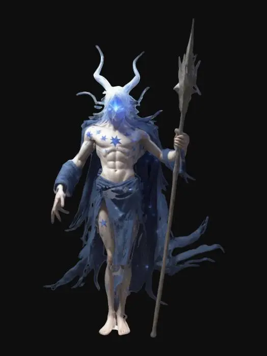3D model for a character design looking like star spirit, tattered clothes levitating, he has eyes all over his body, holding fantasy spear above his head